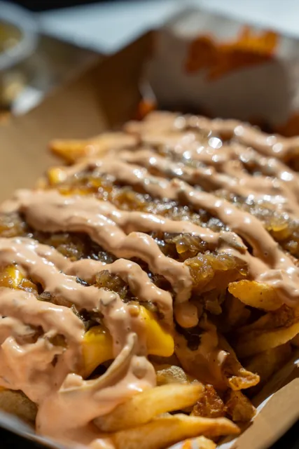 A close-up of loaded fries with sauce, beef and onions