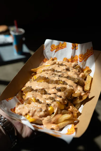 A tray of loaded fries held up against a dark background